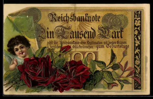 AK Englein unter Geldschein über eintausend Mark mit Rosen