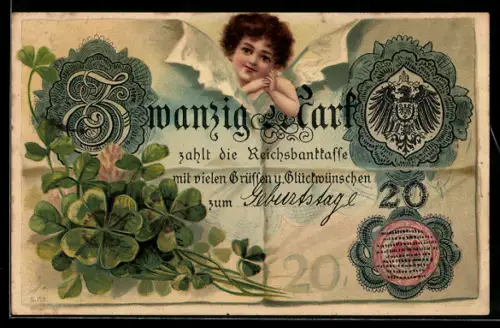 AK Reichsbanknote über 20 Mark, Kleeblätter, Geld