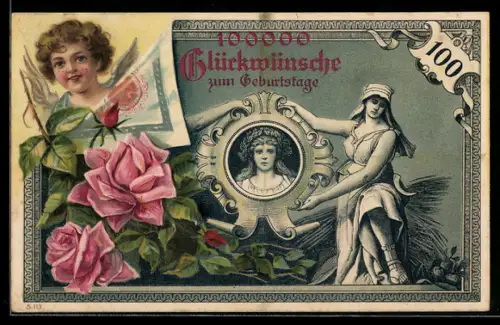 AK Reichsbanknote über 100 Mark, Engel und Rosen, Geld