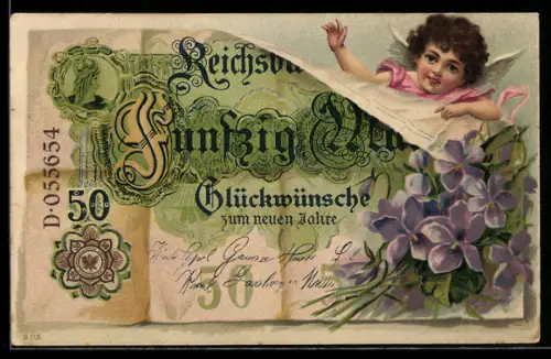 AK Geldschein 50 Mark, Engel, Veilchen, Neujahr