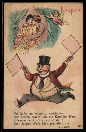 Vorläufer-AK Junges Paar küsst sich, 1894, kleiner Engel hinter dem Vorhang, Mann mit Flaggen verkündet frohe Botschaft