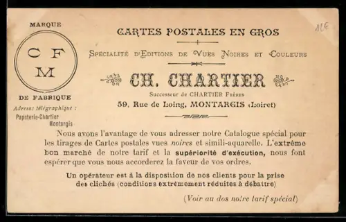 AK Montargis, Caetes Postales en gros Ch. Chartier, Rue de Loing 59, Ansichtskartengeschichte