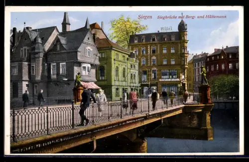 AK Siegen, Partie an der Siegbrücke mit Berg- und Hüttemann