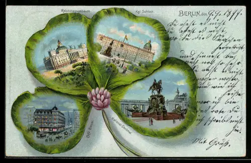 Passepartout-Lithographie Berlin, Cafe Bauer, Kgl. Schloss, National-Denkmal und Reichstagsgebäude in einem Kleeblatt