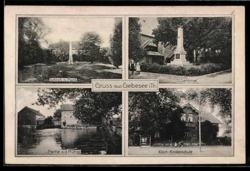 AK Gebesee i. Th., Denkmal, Partie an der Mühle und Schloss im Park