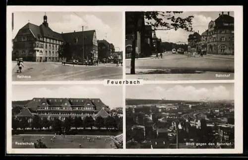 AK Feuerbach, Partie am Bahnhof, Rathaus, Realschule und Teilansicht aus der Vogelschau