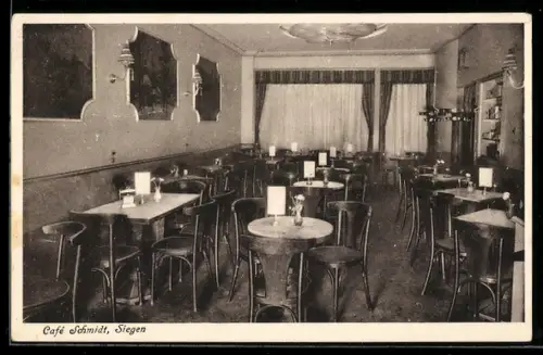 AK Siegen, Café Schmidt, Gästebereich, Inh. Carl Schmidt, Bahnhofstrasse 17