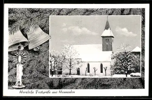 AK Heumaden, Verschneite Kirche mit Glocken und Kerze im Passepartout