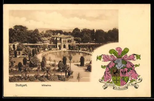 AK Stuttgart, Vogelschau auf Wilhelmina mit Wappen im Passepartout
