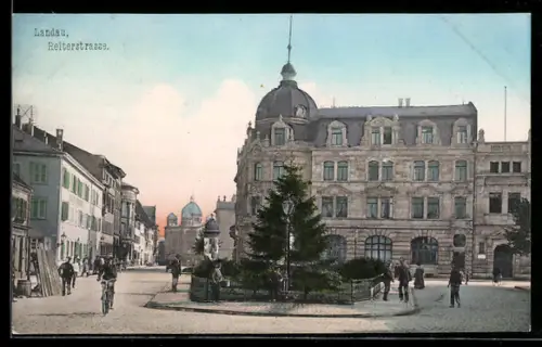 AK Landau, Partie in der Reiterstrasse mit Grünanlage