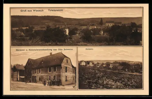 AK Wippach, Bäckerei und Materialwarenhandlung v. Otto Schwarze, Kolonie, Totalansicht