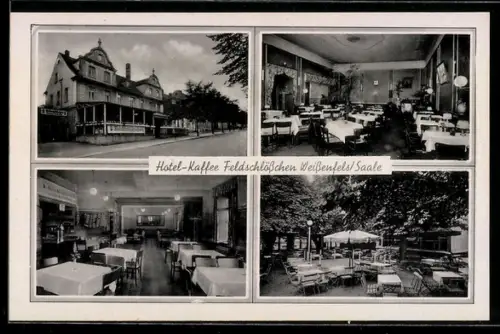 AK Weissenfels /Saale, Hotel-Kaffee Feldschlösschen, Inh. Fritz Lange, Aussenansicht und Gästebereiche