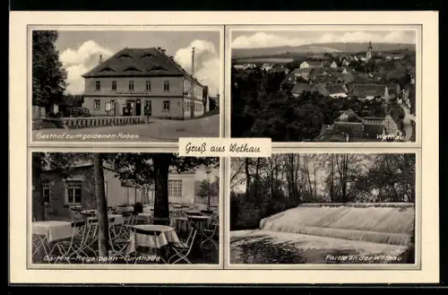 AK Wethau, Gasthof zum goldenen Raben, Garten-Kegelbahn-Turnhalle, Partie an der Wethau, Ortsansicht