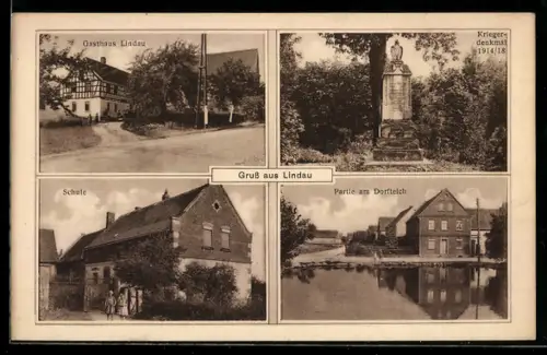 AK Lindau, Gasthaus Lindau, Kriegerdenkmal, Schule und Dorfteich