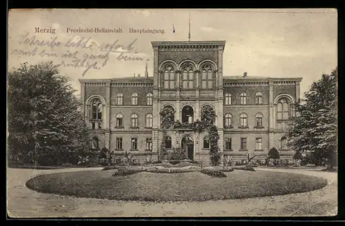 AK Merzig, Provinzial-Heilanstalt, Haupteingang mit Gartenanlage