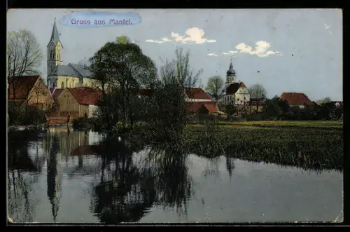 AK Mantel, Teilansicht des Ortes mit Kirche