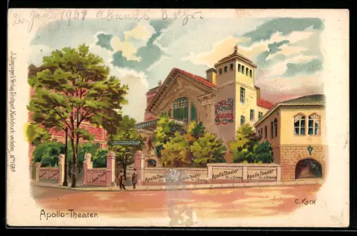 Künstler-AK sign. C. Koch: Stuttgart, Partie vor dem Apollo-Theater mit Gartenanlage