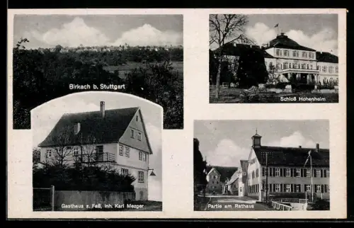 AK Birkach, Gasthaus z. Fass, Partie am Rathaus, Schloss Hohenheim