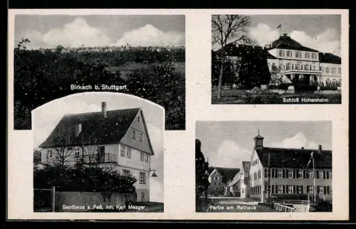AK Birkach, Gasthaus z. Fass, Partie am Rathaus, Schloss Hohenheim