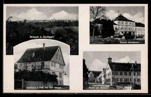 AK Birkach, Gasthaus z. Fass, Partie am Rathaus, Schloss Hohenheim
