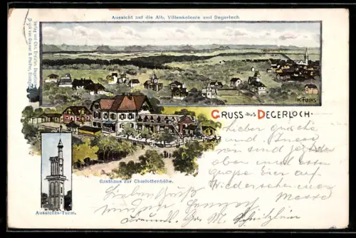 Lithographie Degerloch, Gasthaus zur Charlottenhöhe mit Aussicht auf die Alb, Villenkolonie und den Ort, Aussichtsturm
