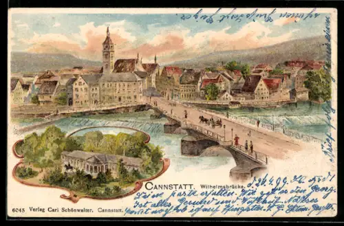 Lithographie Cannstatt, Partie auf der Wilhelmsbrücke