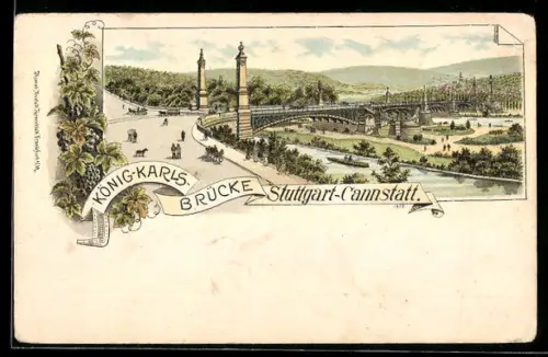 Lithographie Stuttgart-Cannstatt, Strassenpartie mit Brücke