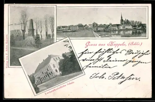 AK Kappeln /Schlei, Brücke mit Kirche, Landwirtschaftliche Schule, Denkmal