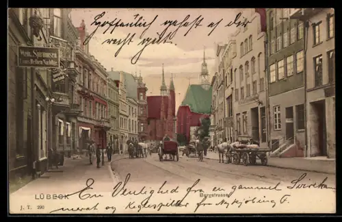 AK Lübeck, Burgstrasse mit Geschäften und Kirche