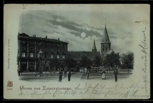 Mondschein-AK Kaiserslautern, Karlsberg Hotel, Kirche, Platz