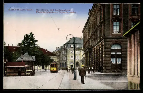 AK Kaiserslautern, Marktplatz, Soldatenheim und Strassenbahn
