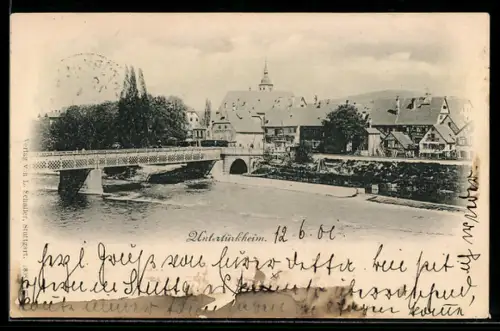 AK Untertürkheim, Brücke und Uferpartie mit Häusern