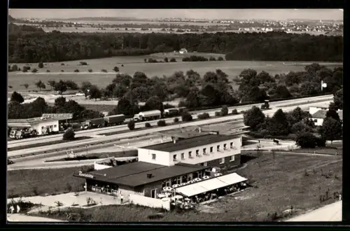 AK Stuttgart-Süd, Autobahn-Raststätte, Inh. Erich Hanke, Autobahn mit Lastwagen, Luftaufnahme