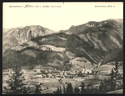 Klapp-AK Aflenz, Panoramablick auf das Dorf und die Berge