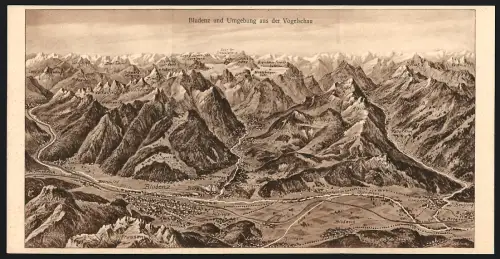 Klapp-AK Bludenz, Vogelschau auf den Ort und Umgebung mit Gebirgspanorama