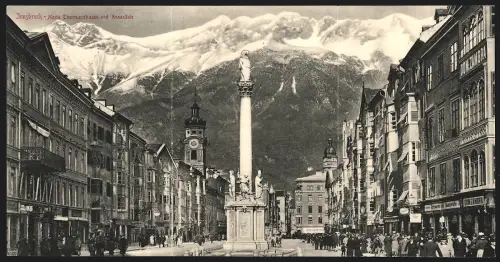 Klapp-AK Innsbruck, Partie in der Maria Theresienstrasse mit Annasäule und Gebirgspanorama