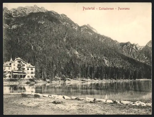 Klapp-AK Toblach /Pustertal, Toblachersee mit Gebirge, See und Hotel