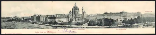 Klapp-AK Wien, Totalansicht aus der Vogelschau mit Blick auf die Pfarrkirche und die K. und k. technische Hochschule