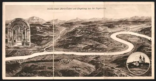 Klapp-AK Maria-Taferl bei Marbach, Flusspanorama mit Erlauf, Pörhlarnm Säusenstein aus der Vogelschau