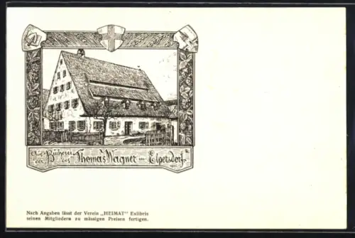 Lithographie Elpersdorf, Aus der Bücherei des Thomas Wagner, Gebäudeansicht, Rahmen, Wappen