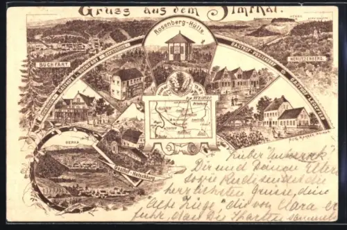 Lithographie Buchfart /Ilmthal, Gasthof Goldstern u. Burgschloss, Gasthöfe Possendorf, Legefeld, Hetschberg, Ortsansicht