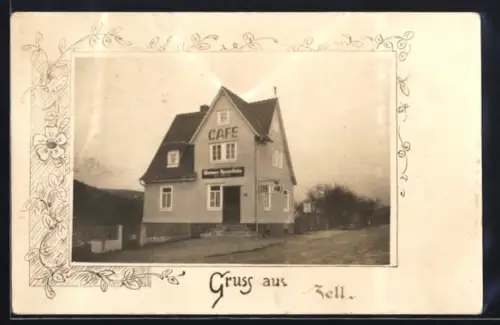AK Zell /Zellertal, Cafe Wormser Apostelbräu mit Strasse