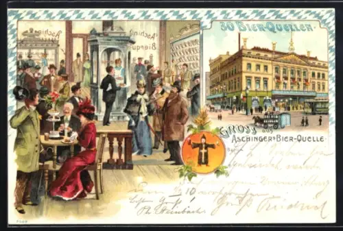 Lithographie Berlin, Gasthaus Aschingers Bier-Quelle am Alexanderplatz, mit Gästen u. Kellner, Strassenbahn