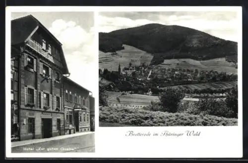 AK Brotterode /Th., Hotel Zur guten Quelle E. Lesser, Gesamtansicht mit Bergblick