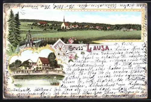 Lithographie Lausa, Ortspartie mit Teich, Gesamtansicht mit Förster und Hund