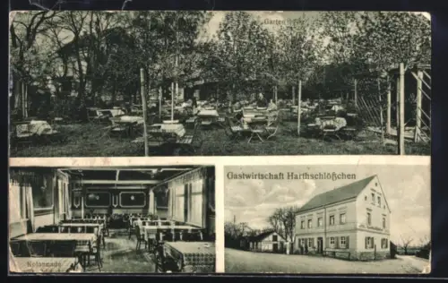 AK Zwenkau, Gatstätte Harthschlösschen P. Lippmann, mit Kolonnade-Innenansicht u. Garten