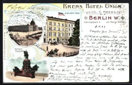 Lithographie Berlin, Krebs Hotel Union, Schinkeplatz 4, Kgl. Schloss, National-Denkmal