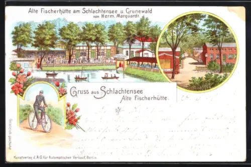 Lithographie Berlin-Schlachtensee, Gasthaus Alte Fischerhütte Herm. Marquardt, Radfahrer