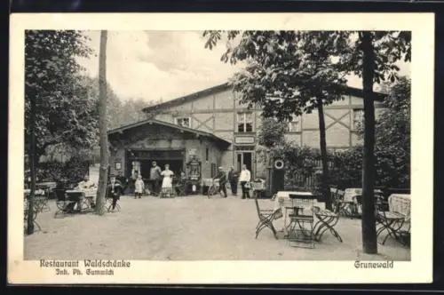 AK Berlin-Grunewald, Restaurant Waldschänke Ph. Gummich, mit kleiner Versammlung, Garten