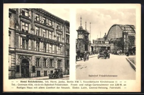 AK Berlin, Hotel Reichskrone an der Neustädtischen Kirchstrasse 11, Aussenansicht, Bahnhof Friedrichstrasse